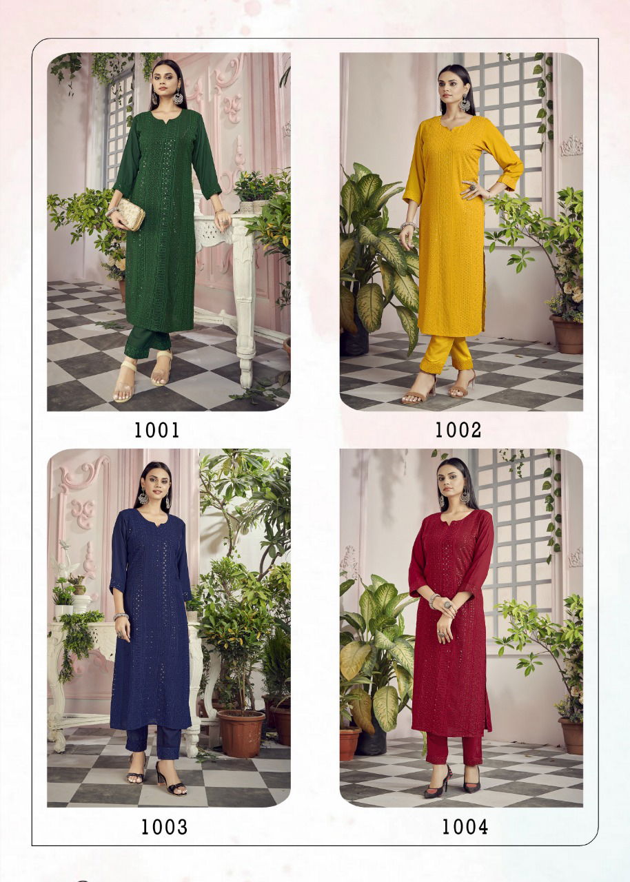 Banwery Schiffli Rayon Fancy Wear Latest Kurti With Pant Collection